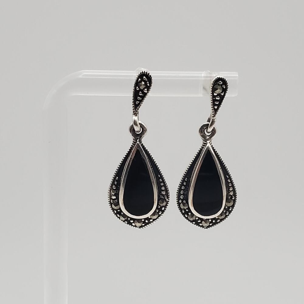 Vintage Dee Berkley Jewelry Dbj Black Onyx Sterling Marcasite Drop Earrings